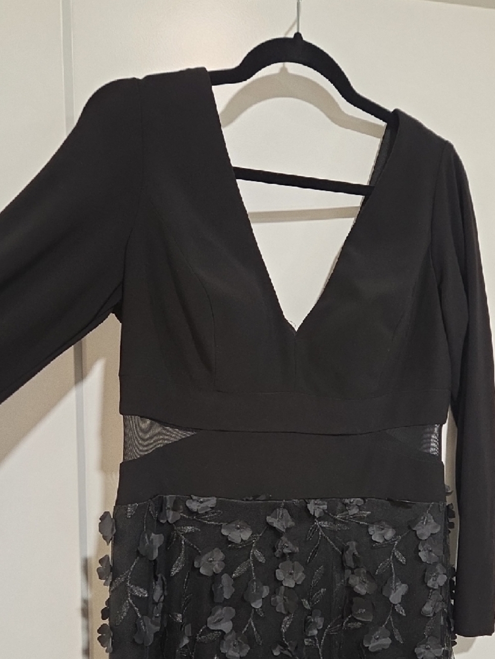 Xscape Black Long Sleeve V-Neck Dress with Floral Appliqué Skirt - Picture 2 of 6